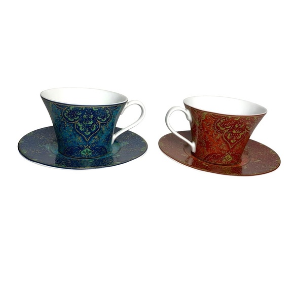 222 FIFTH Set of 2 Eva Opulent Blue & Red Porcelaine Fine China Cup & Saucer Set - Picture 1 of 9